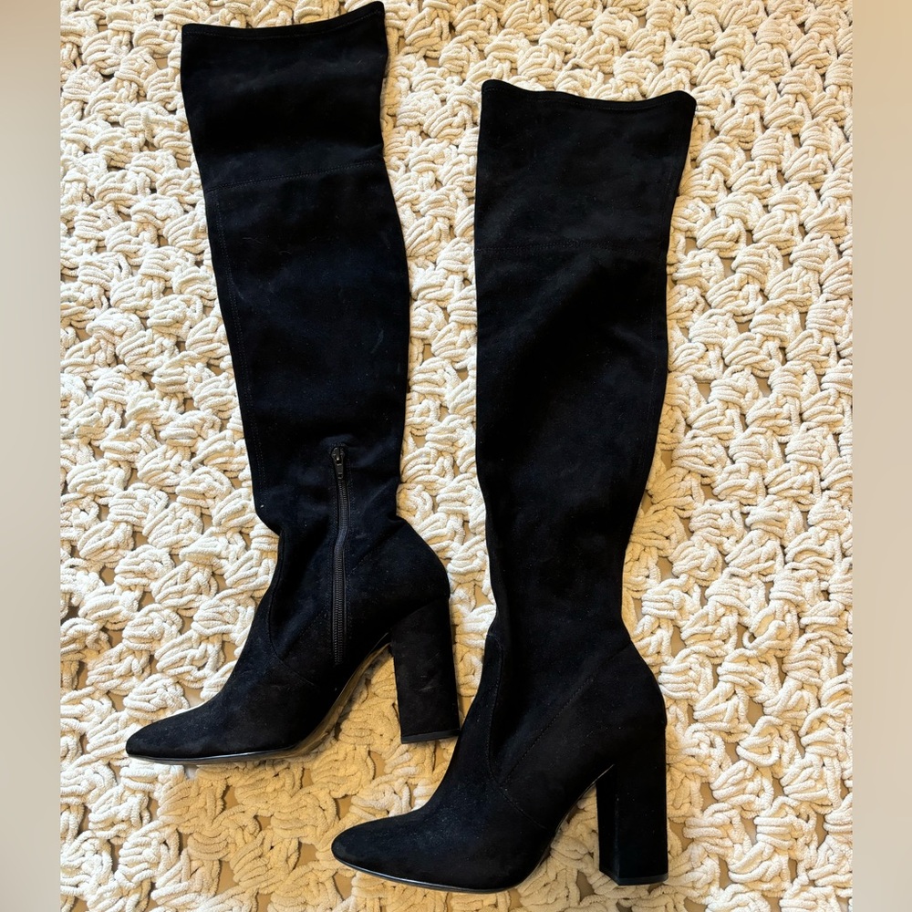 Suede thigh high healed boots
